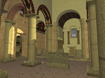 Arco triunfal flanqueado por columnas. Santuario central de San Miguel de Liño.