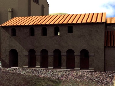Arquería articulando el pórtico de la planta baja del probable palacio abacial. Monasterio de San Vicente.