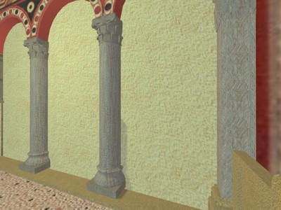 Arquería ciega sobre columnas marmóreas romanas reaprovechadas, complementando los muros laterales del ábside central. Basílica de Santullano.