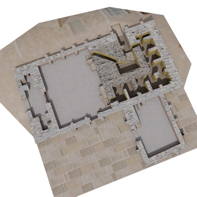 interpretación de la cripta con deambulatorios laterales rectos en torno a camarín central, en la probable cripta de San Juan Bautista de Oviedo (Alfonso II, 791-842).