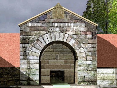 Arco de medio punto con despiece de dovelas calizas en el edículo de la fuente de Foncalada.