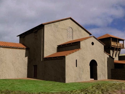 Pórtico tripartito exento, típico de los edificios  funcionales de la arquitectura religiosa del Reino de Asturias.