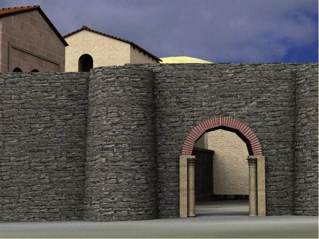 Reconstrucción hipotética de la puerta de Sansón en la primera de sus dos posibles ubicaciones. Acceso a los palacios episcopales.