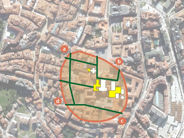 Proyección del trazado de la muralla de Alfonso II sobre el casco antiguo de Oviedo.