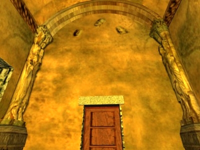 Cabezas de bulto del Calvario ubicado en el muro hastial de la nave de la Cámara Santa, de izquierda a derecha: María, Jesús y San Juan Evangelista. El resto de la escena era pintada, actualmente perdida.