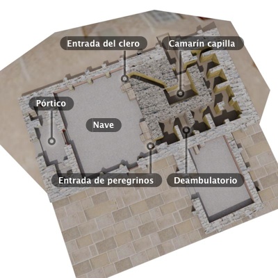 interpretación de la cripta con deambulatorios laterales rectos en torno a camarín central, en la probable cripta de San Juan Bautista de Oviedo (Alfonso II, 791-842).