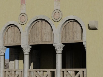 Arquería de medio punto en Santa María de Naranco, con dovelas de gran cuerda, cabezas con talla de molduras y salmeres compartidos en las columnas exentas.