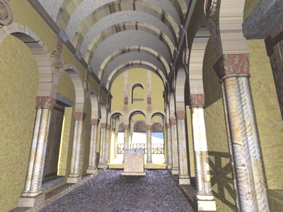 Línea de imposta discontinua, en alternancia con las ménsulas de apoyo de los arcos fajones. Sala noble de Santa María de Naranco.