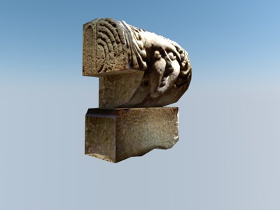 Detalle de una ménsula de San Miguel de Liño vista en posición vertical.
