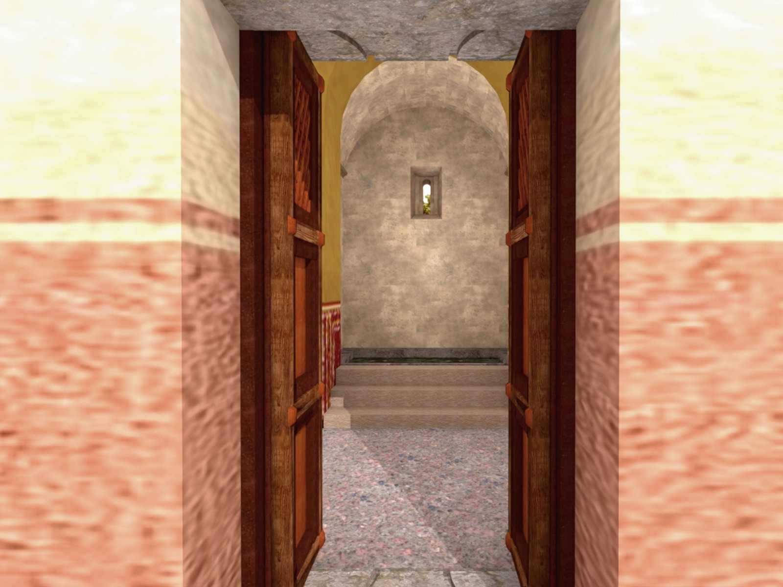 Interior del edificio de baños, hacia el norte.