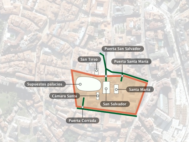 Propuesta de trazado de la muralla de Alfonso II por parte de J. I. Ruiz de la Peña e Isabel Suárez Beltrán.