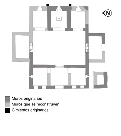 Planta arqueológica de la iglesia de Bendones según D. Joaquín Manzanares Rodríguez (1958). Interpretación gráfica por Francisco José Borge Cordovilla (2015).